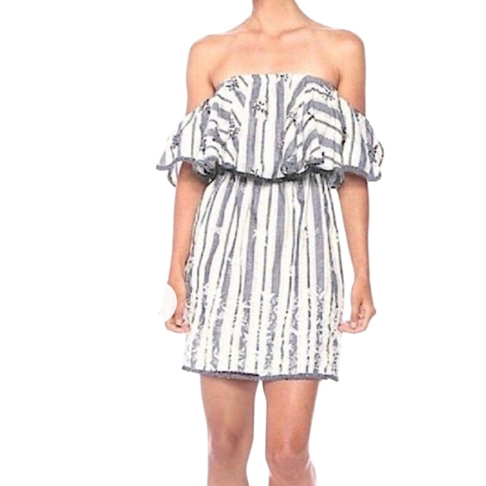 MISA Los Angeles Off The Shoulder Striped Embroidered Ruffle Mini Dress Size S